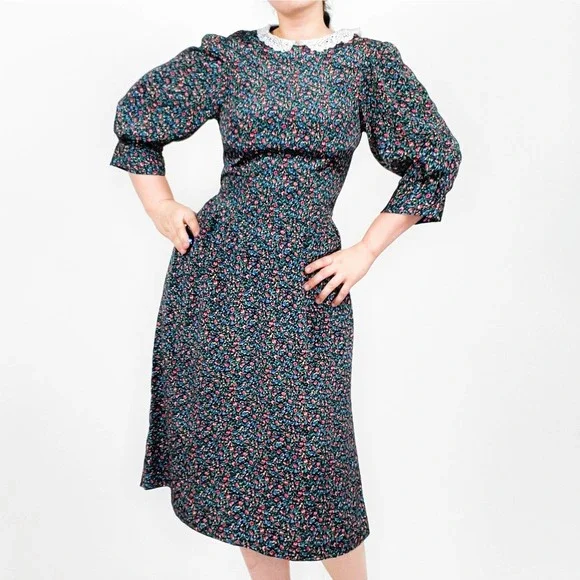 Vintage Dresses | Vintage Cottagecore Prairie Peasant Floral Print Dress 80s Cute Retro | Color: Black | Size: 12 | Bethsing's Closet